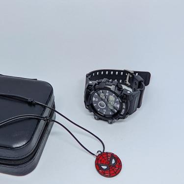 Imagem de Kit Relógio Infantil Masculino Digital Esportivo Militar LED Alarme Cronômetro + Colar cordão Homem aranha ajustável