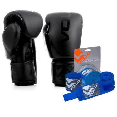 Imagem de Kit Boxe Muay Thai Luva 12oz Preta + Bandagem 3M Azul Vollo - Vollo Sp