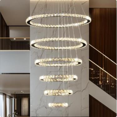 Imagem de 7PMBEANE Lustre De Cristal Moderno Para Teto Alto, Luminárias Luxo Com 6 Anéis Led Sala Jantar, Tetos Grandes, Lustres Hall Entrada, Estar, Escada, D8"-12"-16"-20"-24"-28"