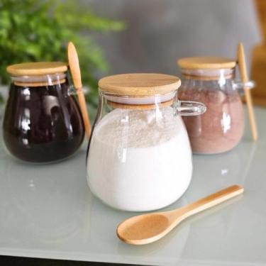 Imagem de Pote Vidro Tampa Bambu E Colher Hermético Redondo Kit Com 3 - 410ml - 