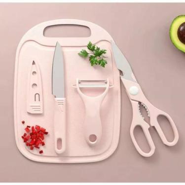 Imagem de Kit 4 Descascador Tábua Cortador Faca Tesoura Cozinha Preparo Presente