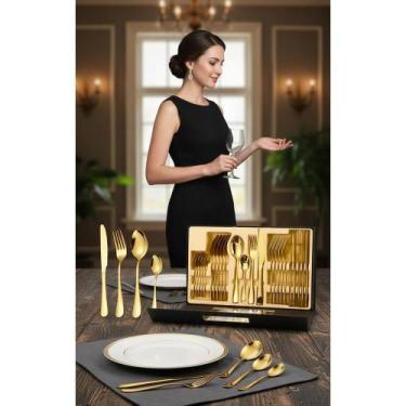 Imagem de Faqueiro 24 Peças Dourado Aço Inox Completo P/ 6 Pessoas - Congratulat