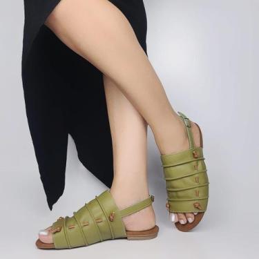 Imagem de sandália rasteira rasteirinha flats casual VERDE SAFARY em couro legit