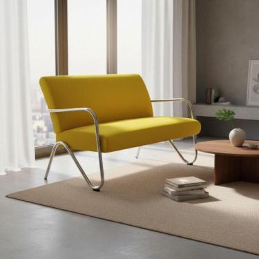 Imagem de Namoradeira Decorativa Bela Couro Amarelo Braço Cromado - Mansão Decor