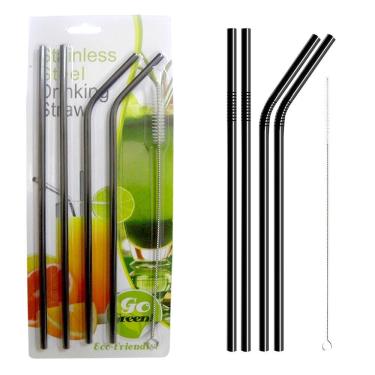 Imagem de Kit 4 Canudos Reutilizáveis de Aço Inoxidável 304 Retos e Curvos com Escova de Limpeza Preto AB Mídia
