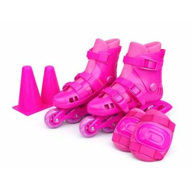 Imagem de Patins Inline 4 Rodas Rosa Kit de Proteção e Cones Tam: 30 - ELITE