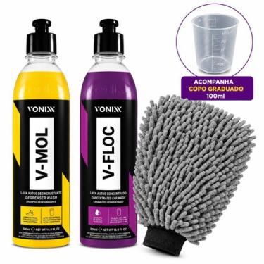 Imagem de Kit Lavagem Automotiva Vonixx V-Floc 500ml V-Mol 500ml Luva Microfibra