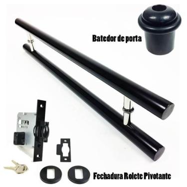 Imagem de Kit Puxador Porta (Pleno) Aço Inox Preto + Fechadura Rolete Pivotante