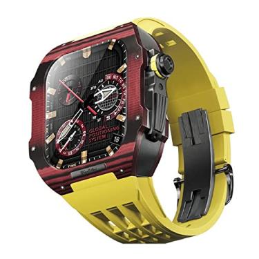 Imagem de AEMALL Pulseira de relógio de borracha com capa de fibra de carbono compatível com Apple Watch Series 8 7 44 45mm, capa de fibra de carbono bumper protetor resistente, kit de atualização