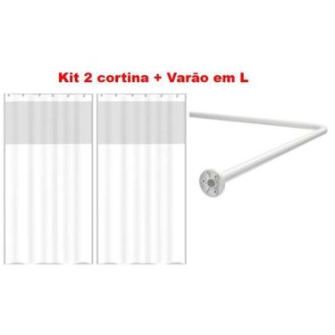 Imagem de Kit Suporte Varão Banheiro Curvo Em L + 2 Cortina Box Branca - Maxeb