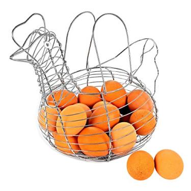 Imagem de Cesta de coleção de ovos em forma de galinha – Arame estilo casa de fazenda, suporte de ovo cromado para organização de cozinha