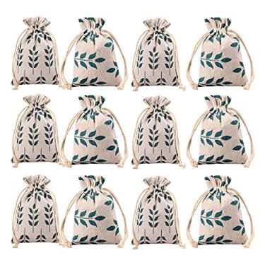 Imagem de Meta-U 12 peças de cordão duplo sacos pequenos de linho com cordão de estopa saco/bolsa de presente para festa/casamento, Leaf, 13*17cm(5.2*6.8inch), 12