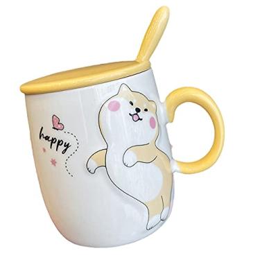 Imagem de Caneca de gato com tampa e colher 3D linda xícara de chá de café de cerâmica conjunto de caneca de casal presente de aniversário para professores, mães, amigas, amantes, (filhote de cachorro shiba Inu feliz, 400 ml)