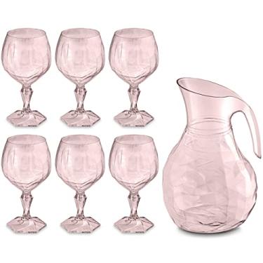Imagem de Kit Jarra 2,3L E 6 Taças 350ml Jogo De Plástico Refresco Tango Servir Água Suco Rosa Translúcido UZ