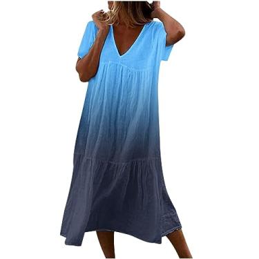 Imagem de Vestido feminino casual gradiente de cor solta gola V manga curta vestido de praia vestido longo feminino casual vestido envolvente, Azul-celeste, XXG
