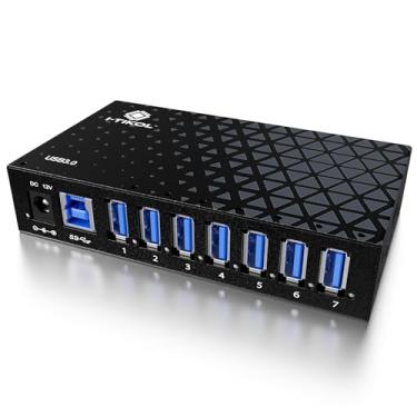 Imagem de Hub USB 3.0 - Divisor de Hub USB alimentado por 7 portas - Transferência de dados de alta velocidade - Hub USB de liga de alumínio com adaptador de alimentação 12V/3A/36W, LEDs e suportes de montagem - Preto