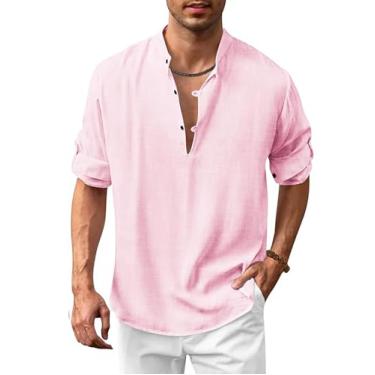 Imagem de COOFANDY Camisa masculina de algodão e linho Henley camisas casuais de praia hippie camisetas de manga longa, rosa, GG