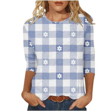 Imagem de Blusas femininas manga 3/4 gola redonda camisetas básicas estampa xadrez camisas confortáveis soltas camisas de verão para mulheres 2024, Blusa feminina de manga 3/4 preta azul, G