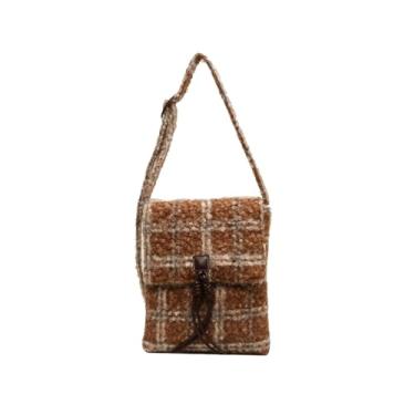 Imagem de Bolsa de ombro tartan feminina de tweed vintage bolsa tiracolo bolsa alça superior, Café, One Size