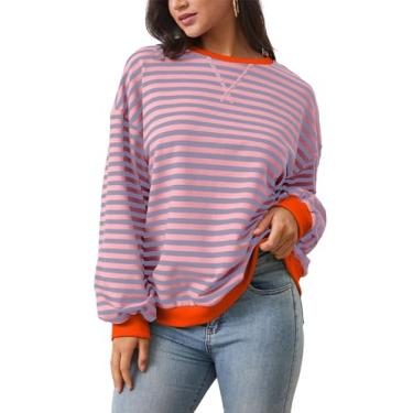 Imagem de SAFRISIOR Moletom feminino grande listrado color block gola redonda ombro caído manga longa pulôver Y2K camisa 2024, Azul-rosa, GG