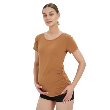 Imagem de WHIMFINITY Camiseta feminina maternidade algodão confortável respirável para mães grávidas manga curta franzido lateral, Bronzeado, P