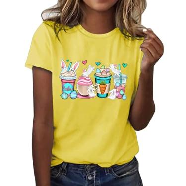 Imagem de Camiseta feminina de manga curta Happy Easter Day, blusa de gola redonda, blusa de trabalho elegante, Amarelo, 3G