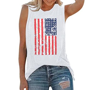 Imagem de Camiseta regata feminina 4 de julho com estampa de bandeira do Dia Independente, gola redonda, sem mangas, roupas de verão, Branco, P