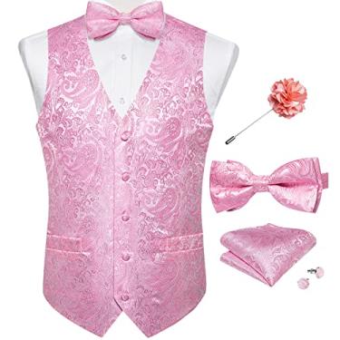 Imagem de DiBanGu Colete de smoking rosa Paisley com gravata borboleta lapela conjunto masculino vestido rosa colete 6 peças