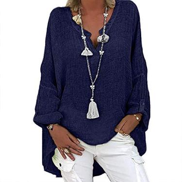 Imagem de Camisas femininas de linho casual gola V blusas de verão manga longa folgada lisa cor sólida túnica blusa de praia, Azul-marinho - A, G