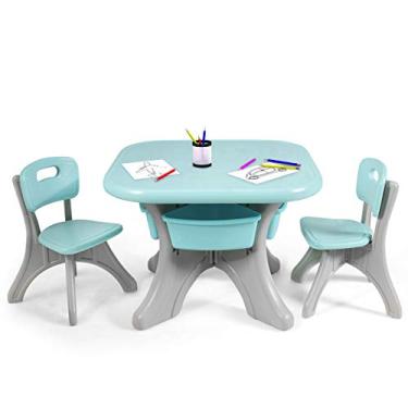 Imagem de Conjunto de mesa e 2 cadeiras Costzon para crianças, conjunto de arte para atividades infantis com compartimentos de armazenamento removíveis, capacidade de rolamento forte, leve, móveis de plástico de tamanho infantil 21’’x21’’x20’’（LxWxH） Verde