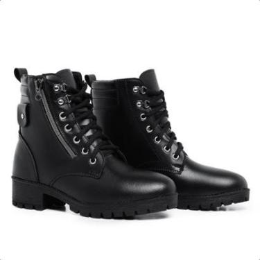 Imagem de Bota Coturno Feminino Botinha Militar Preta Casual Cano Curto Salto Confort Flex Em Couro Sintético-Feminino