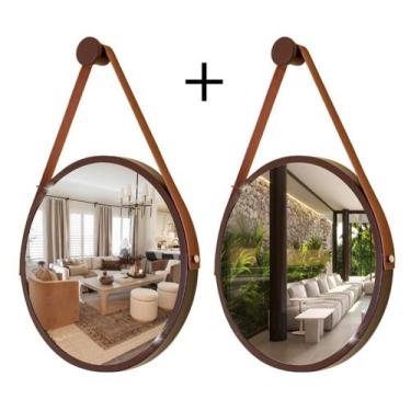 Imagem de Kit 2 Espelhos Redondo Decorativo Suspenso Alça 50cm + suporte Marrom 