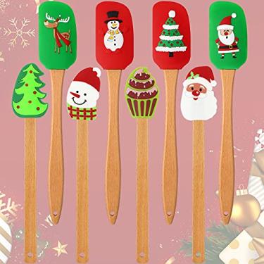 Imagem de 8 espátulas de silicone de Natal com padrão de Papai Noel, espátula de decoração de bolo de Natal, espátula de silicone de cozinha com alça para misturar creme de manteiga (estilo adorável, alça de
