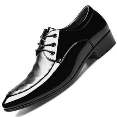 Imagem de Sapato social masculino de couro envernizado brilhante, formal, casual, Oxford, moderno, xadrez, smoking, masculino, Preto, 46