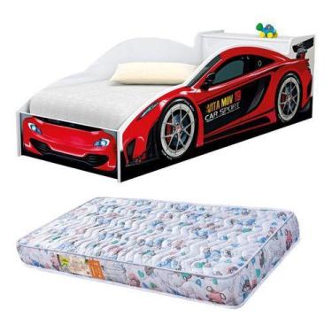 Imagem de Mini Cama Infantil Carro Baú Na Cabeceira Acompanha Colchão - MÓVEIS L