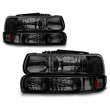 Imagem de Cxdar Conjunto de faróis compatível com Chevy Silverado 1500 2500/2000-2006 Suburban 1500 2500 Tahoe, faróis com luzes de para-choque, compatível com churrasqueira OE (refletor âmbar de lente fumê)