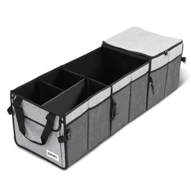 Imagem de DNA MOTORING Organizador de porta-malas de carro, tecido Oxford 600D impermeável com revestimento de PVC, organizador de porta-malas SUV dobrável com 3 compartimentos e 6 bolsos de malha, cinza,