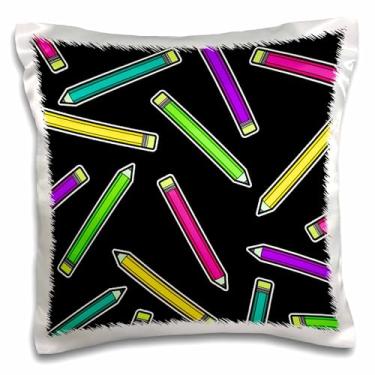 Imagem de Fronha 3D rosa desenho fofo néon lápis de cor - design preto, 40,64 cm x 40,64 cm