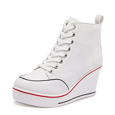 Imagem de Mei MACLEOD Tênis de salto alto feminino de salto plataforma com zíper lateral casual com cadarço de lona para estudantes universitários, Branco, 35