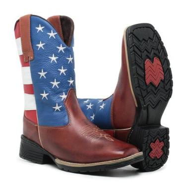 Imagem de Bota Texana Country Masculina Cano Longo Marrom Americana Bico Quadrad