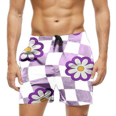 Imagem de Short Praia Shorts Banho Bermuda Verão Xadrez Flores Rosas Pink 815 - 