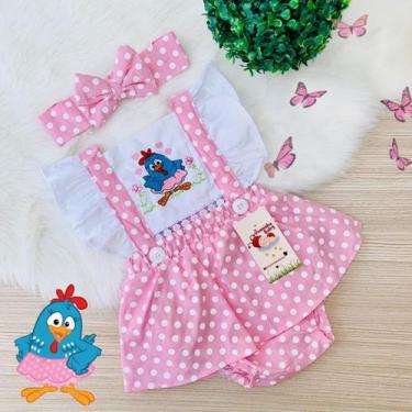 Imagem de Jardineira Galinha Pintadinha Rosa + faixinha de cabelo - JOANINHA BAB
