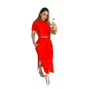 Imagem de Conjunto Feminino Canelado Cropped Alongado e Saia Midi - DN Fashion, 
