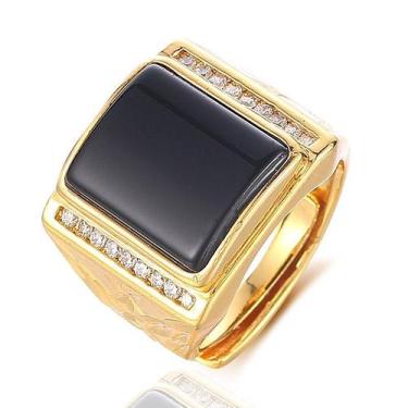Imagem de Anel Grande Masculino Pedra Preta Banhado a Ouro Ajustável - PJK STORE