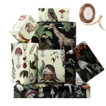 Imagem de Cogumelos psicodélicos plantas floresta acoorn baga animais girafa esquilo coruja ouriço papel de embrulho 4 folhas em 4 desenhos com fita a granel dobrada plana 51 x 71 cm por folha, embrulho de
