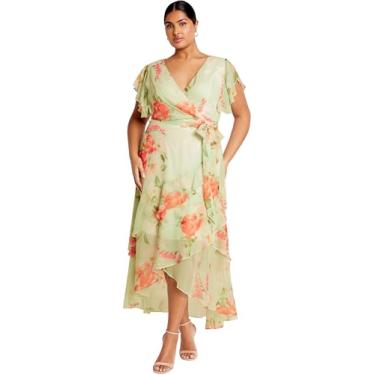 Imagem de City Chic Vestido de manga curta Faux Wrap Hi Lo Plus Size - Estampa floral verde suave, Perfeição da pétala, 54