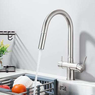 Imagem de Torneira de cozinha de purificação cinza, tubo flexível, alça Daul, misturador de água fria e quente, filtro de água potável pura, escova de níquel