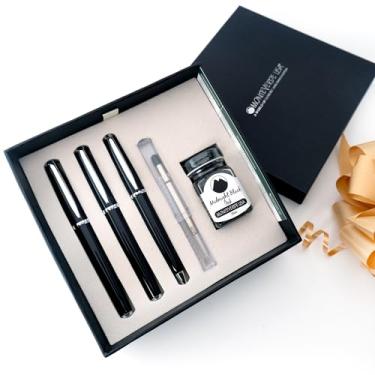 Imagem de Monteverde EUA Aldo Domani Conjunto de 3 + 2 peças preto | Fonte, esferográfica, ponta Omniflex | Caixa de presente grande de luxo com refil de gel e frasco de tinta grátis