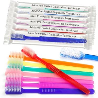 Imagem de VASTMED 100 escovas de dentes descartáveis, pré-coladas, embaladas individualmente, cerdas médias, uso único, escovas de dentes coloridas para acampamento, hotéis, viagens, odontologia e trabalho