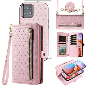 Imagem de Capa de celular para Motorola Edge+ Plus 2023/Edge 40 Pro 5G/Moto X40 Carteira com zíper destacável com protetor de tela, alça transversal com cordão com glitter, suporte para cartão de crédito X +